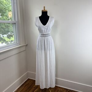 Terzo Millennio Italian Linen Empire Waist Maxi Dress | White Crochet Made Italy